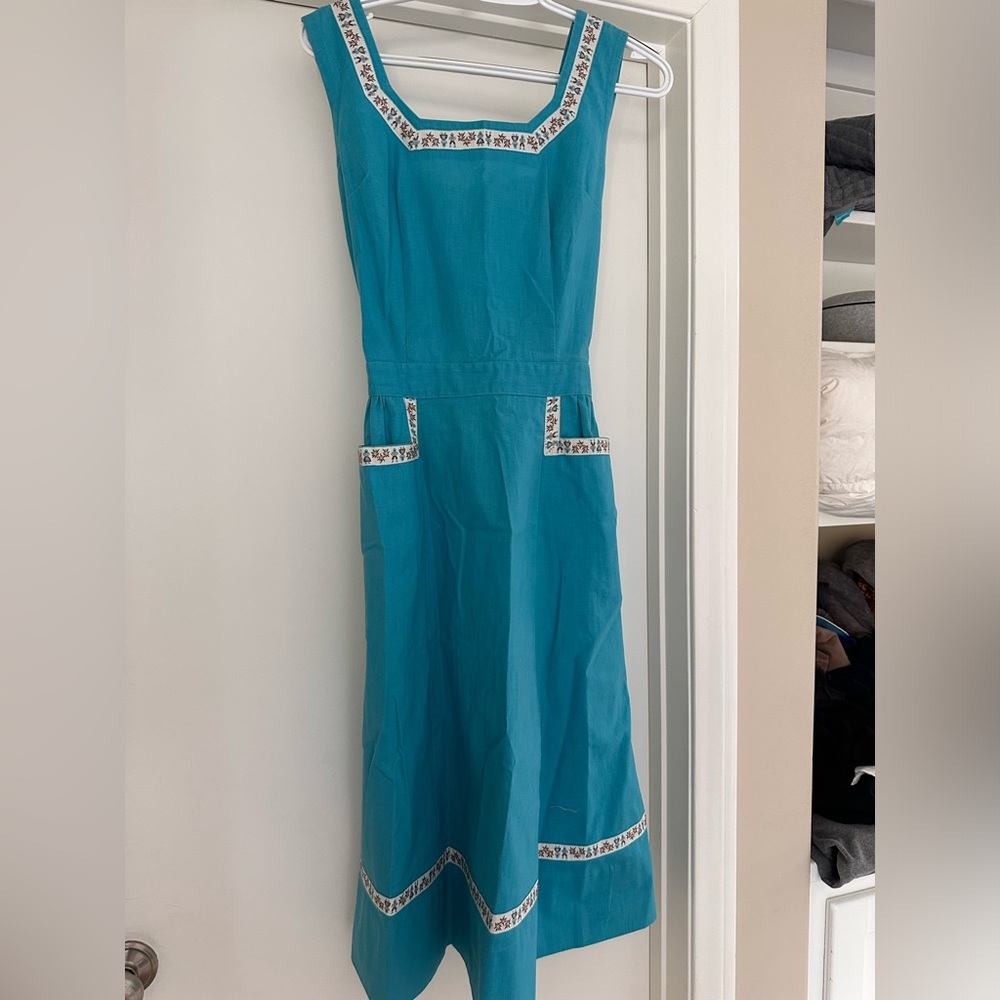 Original Vintage 1956 Sailing Blues Dress linen ribbon detail Sz 8 flawless RARE